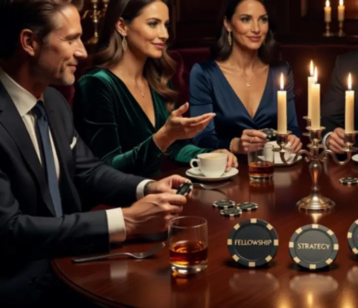 Gyertyafényes társasági pókerasztal elegáns éttermi környezetben