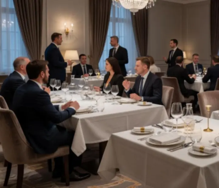 Elegáns, gyertyafényes céges vacsora asztalokkal és finom terítékkel