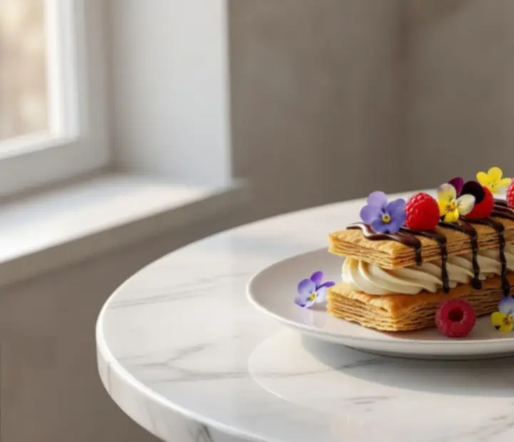 Elegáns desszert, művészi tálalással egy fine dining étteremben