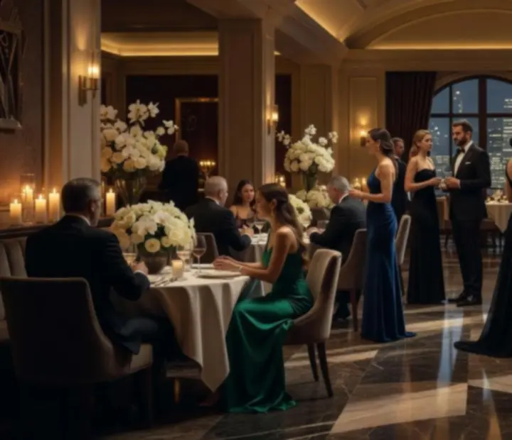 Cinematikus fényekkel megvilágított elegáns éttermi enteriőr