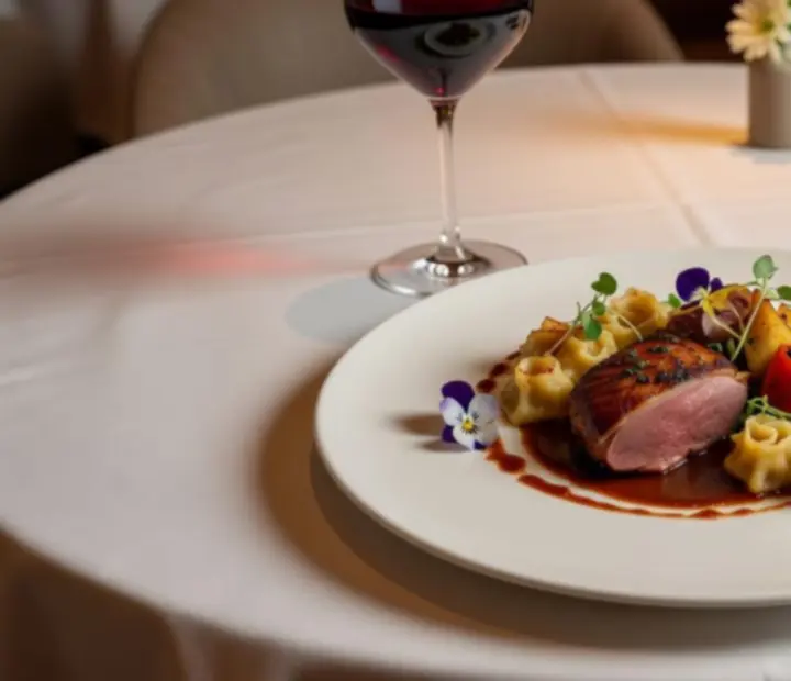 Gourmet főétel művészi tálalással egy elegáns tányéron