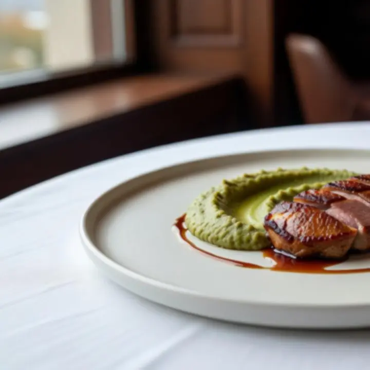 Gourmet főétel gondosan tálalva, modern fine dining stílusban