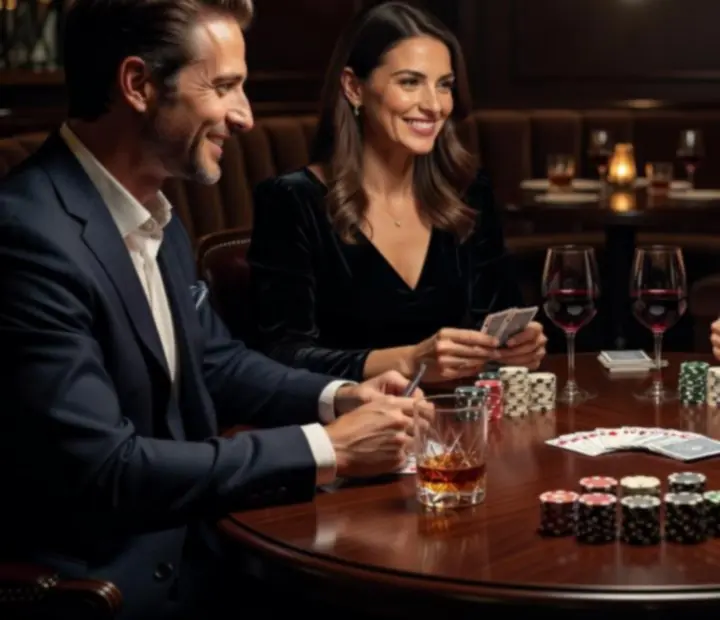 Elegáns poker asztal gyertyafényes fine dining környezetben, szimbolikus zsetonokkal