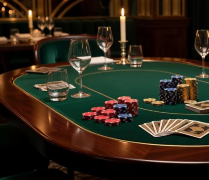 Elegáns, gyertyafényes poker asztalok szimbolikus zsetonokkal egy budapesti étteremben