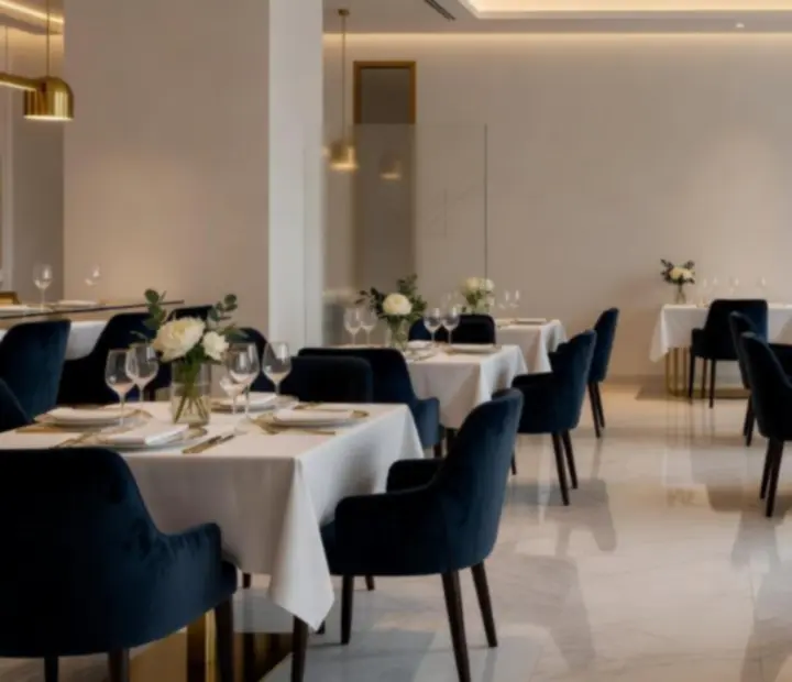 Elegáns rendezvényterem fine dining terítéssel és hangulatos fényekkel