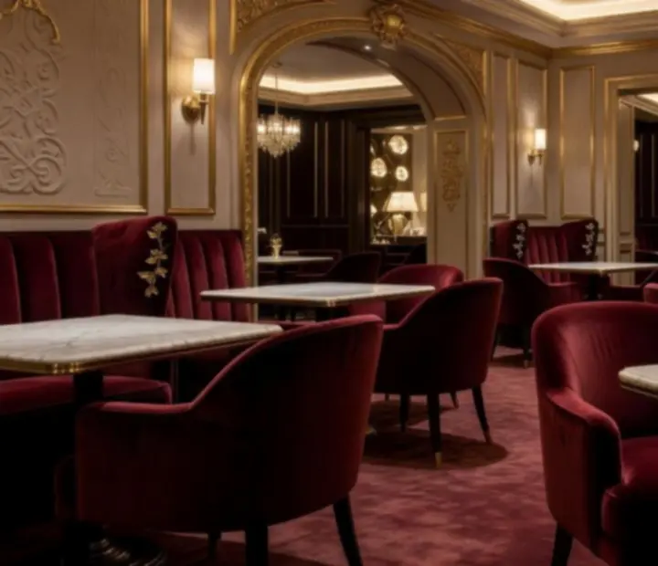 Elegáns VIP Lounge enteriőr, gyertyafényes asztalokkal és stílusos pókerasztallal